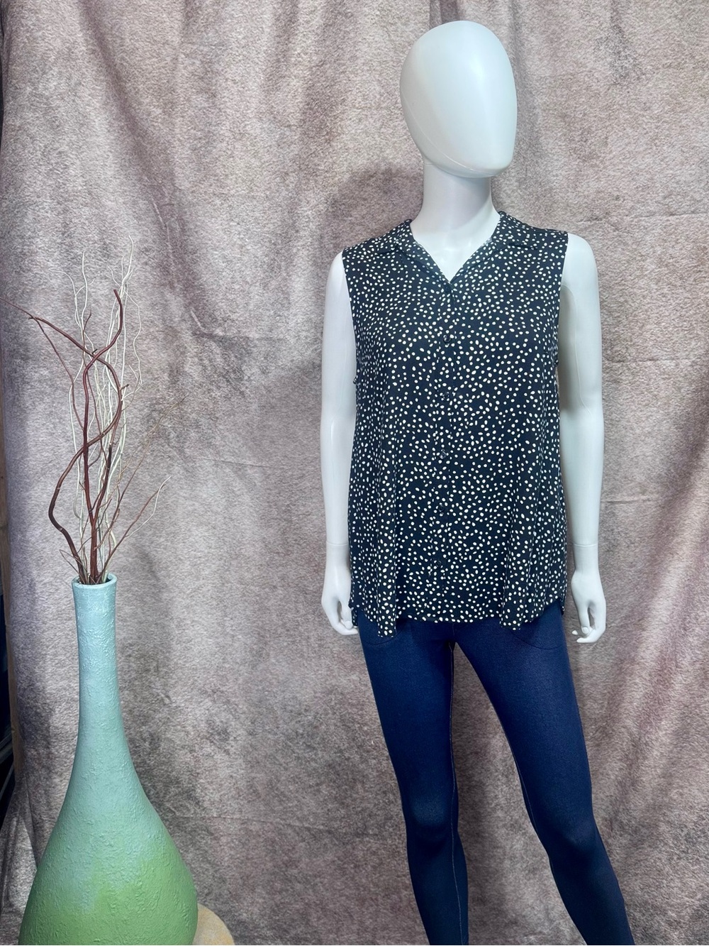 Sleeveless Black & White V-Neck Button Up Polka Dot Top